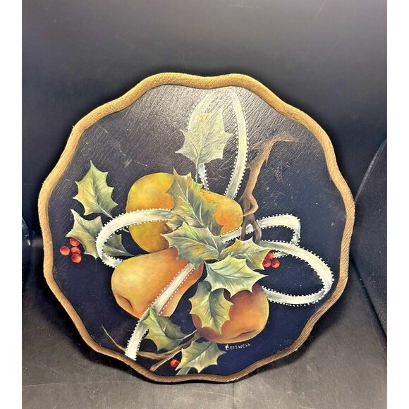 Vintage Wood Hand Painted Tole Plant Decor Display Stand 13" Pears Black Gold - Picture 2 of 8